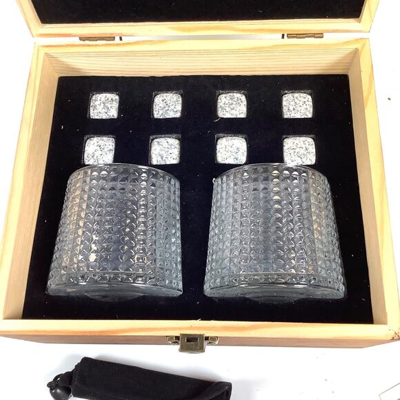 Pair Crystal Whiskey Glasses Gift Box Set Silk Lowball w/Rocks & Tongs JZBVAN - Picture 3 of 8